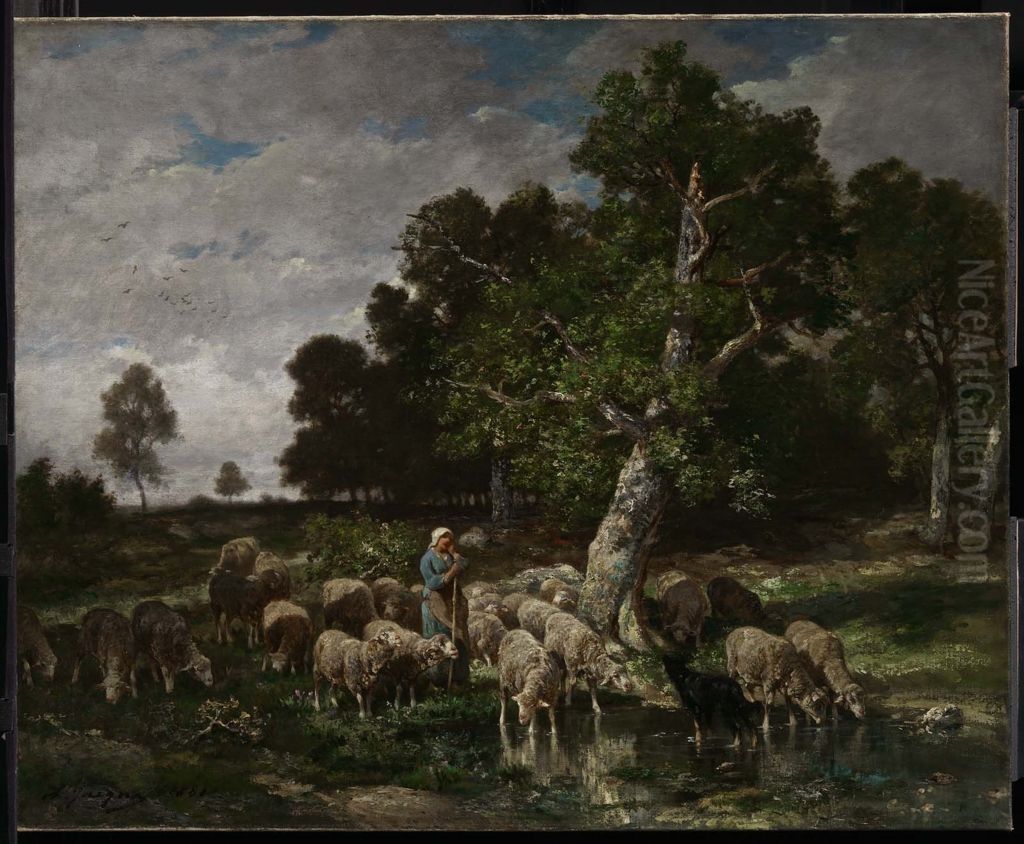 Shepherdess Watering Sheep Oil Painting by Charles Jacque
