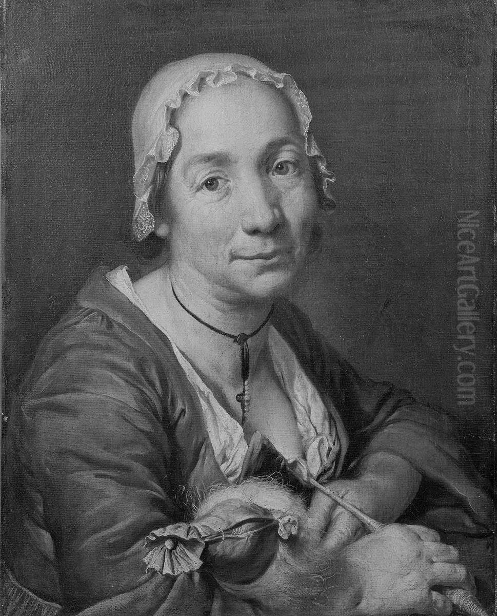 Woman Holding Flax and a Spindle Oil Painting by Christian Seybold