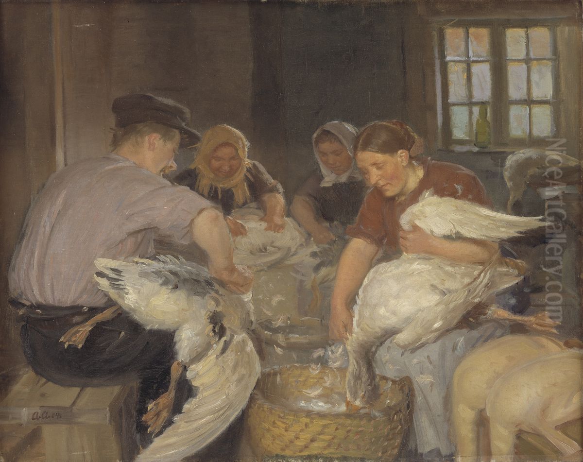 Julegaessene plukkes Oil Painting by Anna Ancher