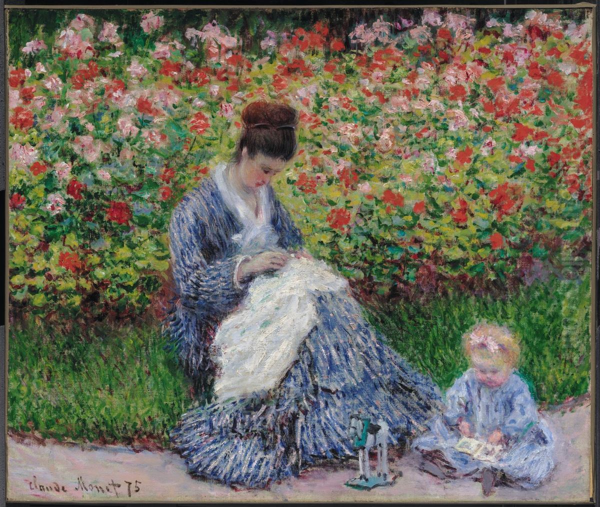Camille Monet and a Child in the Artist's Garden in Argenteuil Oil Painting by Claude Oscar Monet