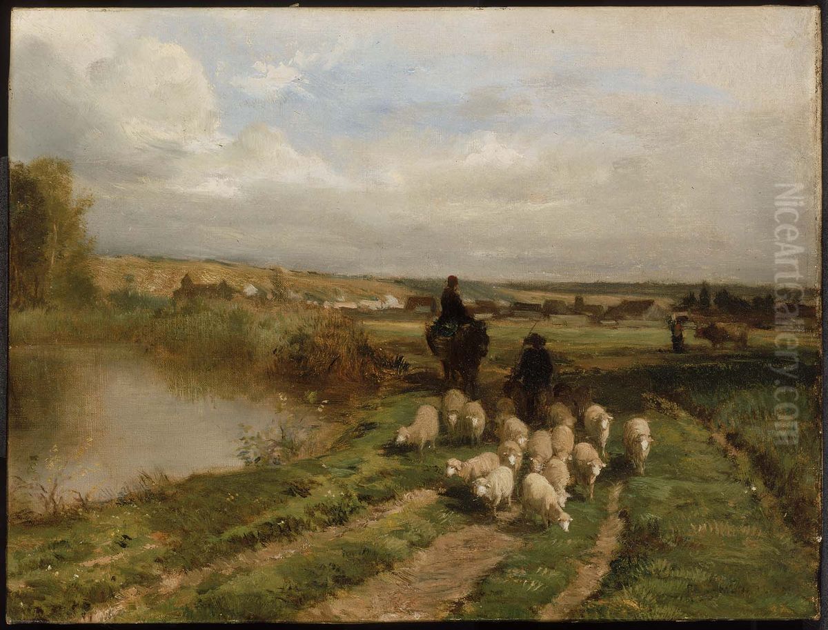 Sheep and Shepherd in a Landscape Oil Painting by Constant Troyon
