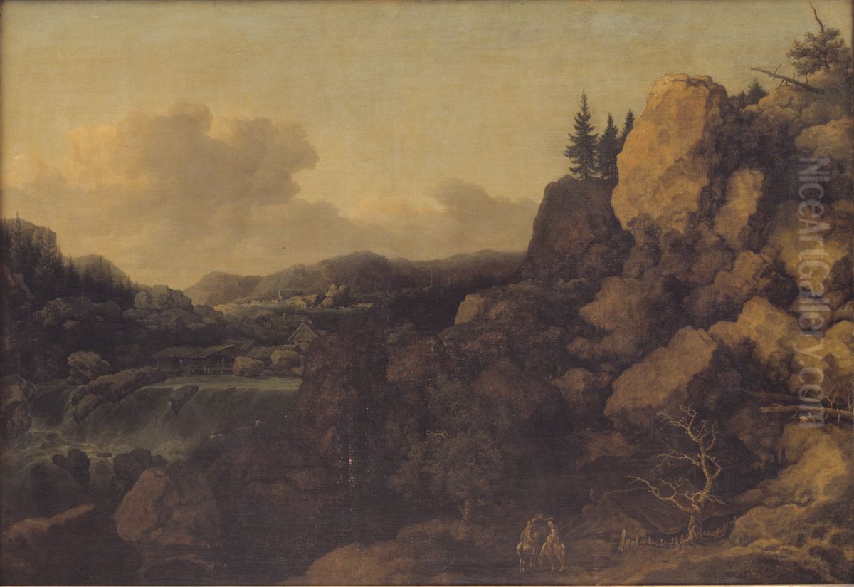 Mountain Landscape with a Couple of Horsemen in the Foreground Oil Painting by Allaert van Everdingen