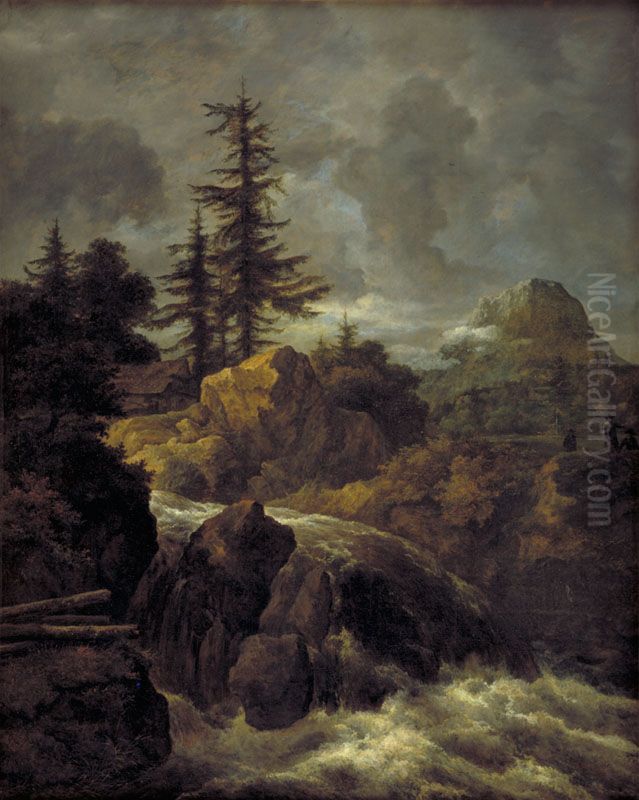 Nordic mountain landscape with waterfall and cottage Oil Painting by Jacob Van Ruisdael