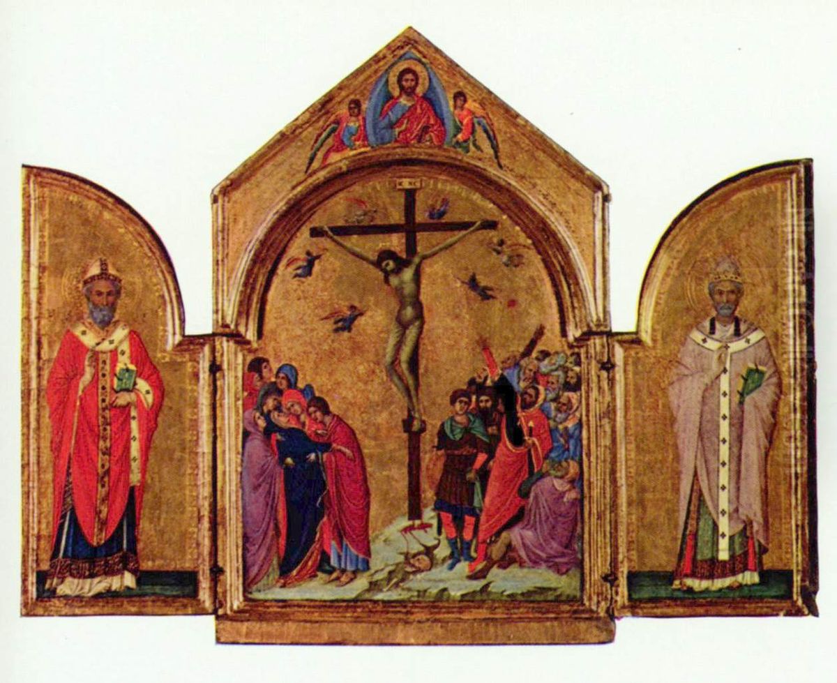 Kreuzigungs-Triptychon, links: Hl. Nikolaus, rechts: Hl. Gregor Oil Painting by Duccio Di Buoninsegna