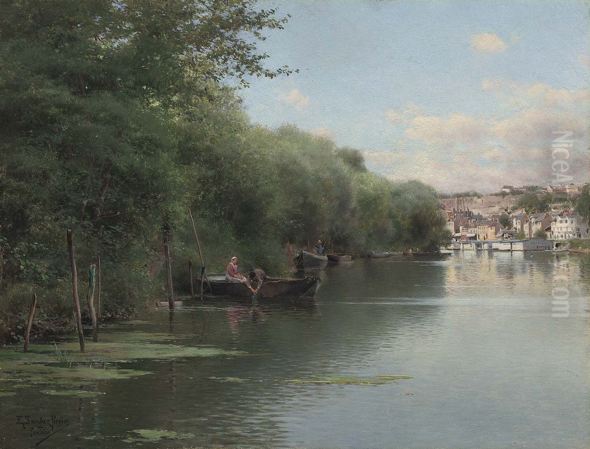 Fishing on the Bank of the Oise, Pontoise Oil Painting by Emilio Sanchez-Perrier