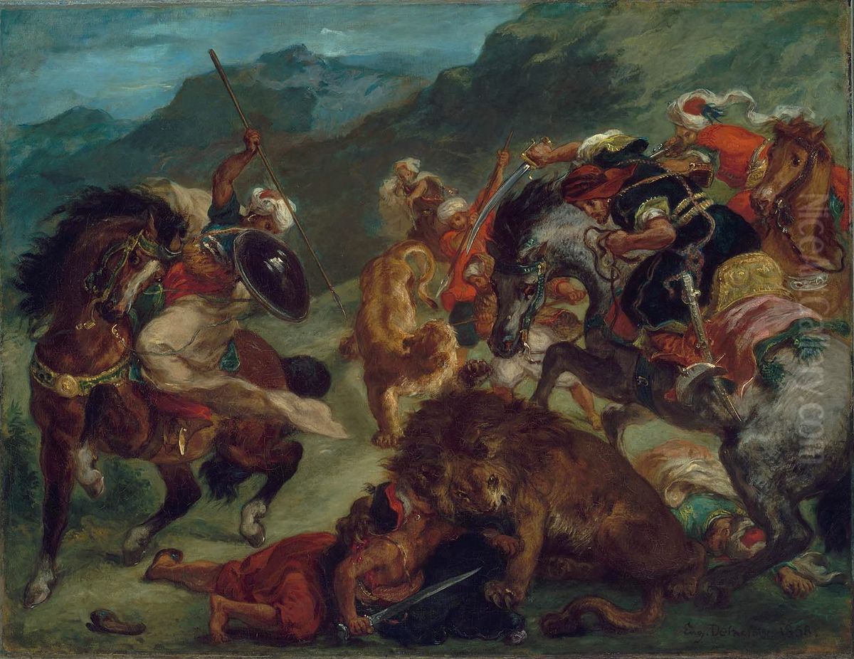 Chasse au lion Oil Painting by Eugene Delacroix