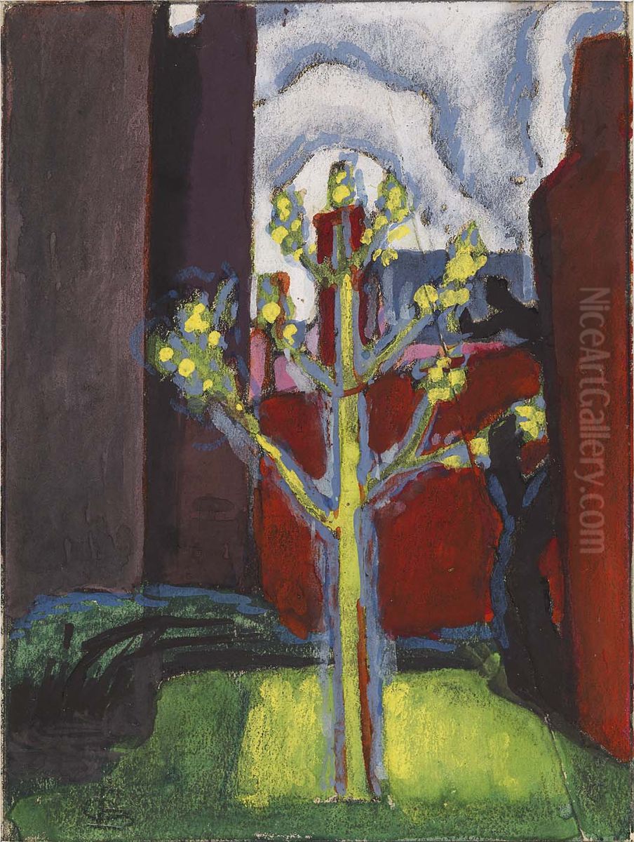 Young Tree in Red Courtyard Oil Painting by Oscar Bluemner