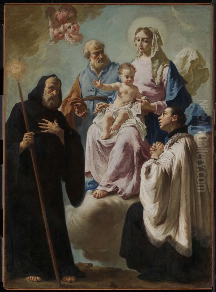 The Holy Family in Glory with Saints Francis of Paola and Aloysius Gonzaga Oil Painting by Francesco Capella