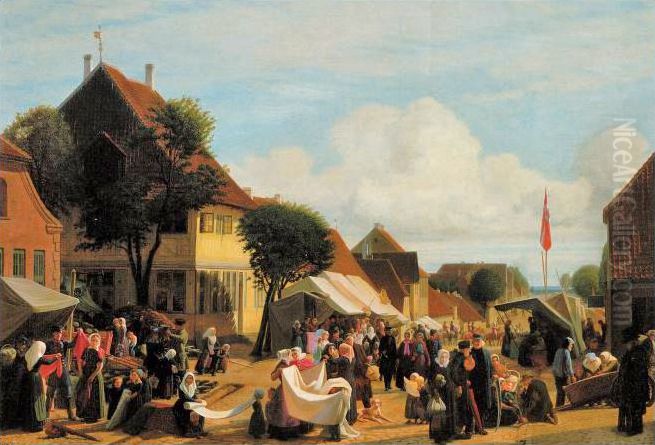 A Market Day in Fredericia (Market on Korsgade) Oil Painting by Hans Jorgen Hammer