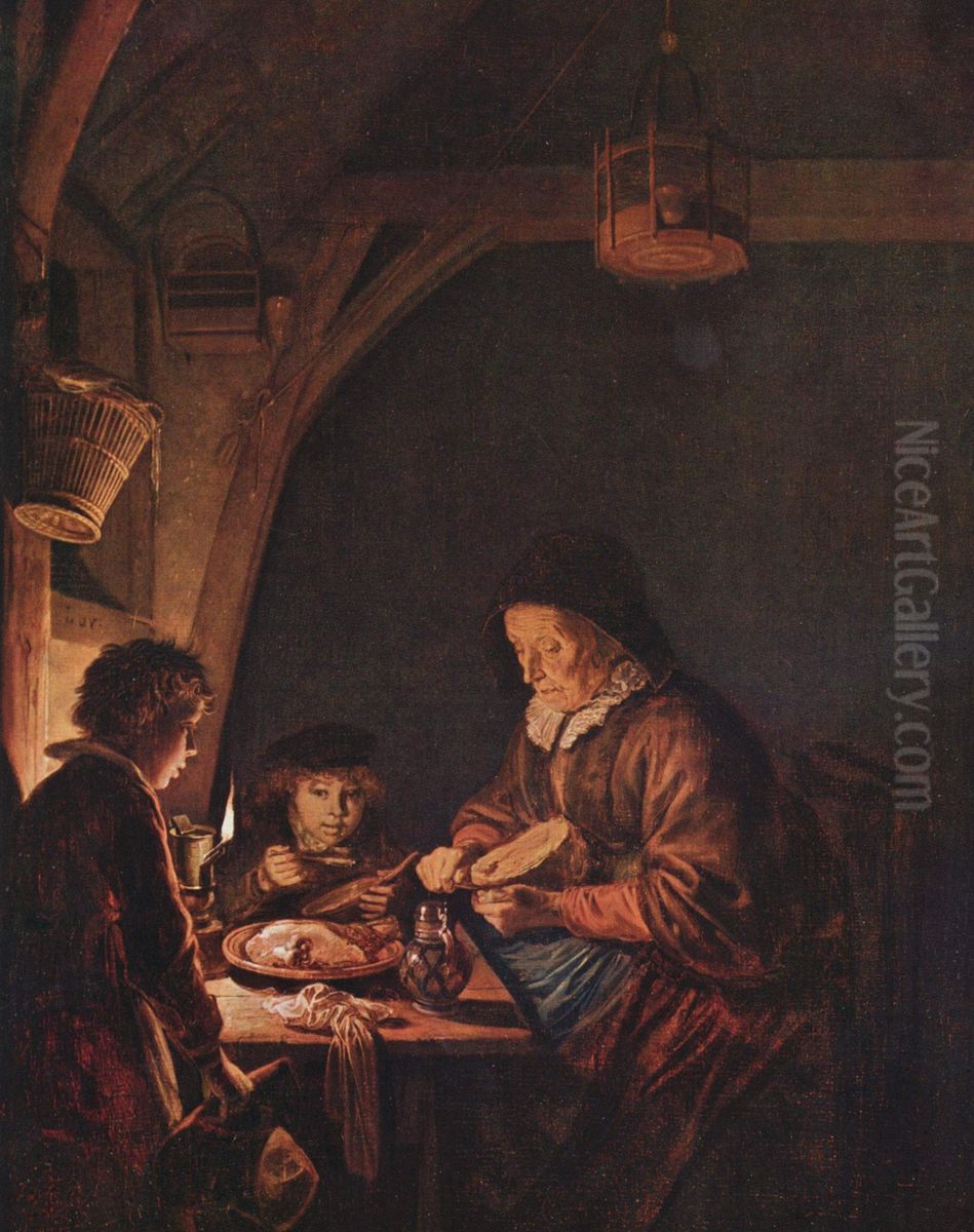 Old Woman Cutting Bread Oil Painting by Gerrit Dou