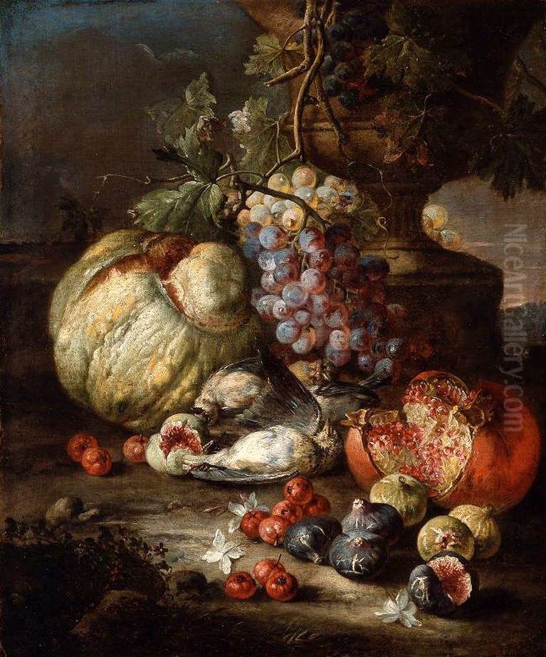 Still-Life with Fruit and Dead Birds in a Landscape Oil Painting by Giovan Battista Ruoppolo
