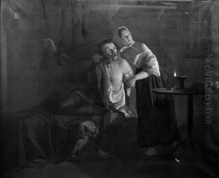 En vildttyv og hans datter forskraekkes af skovvogterne ved nat Oil Painting by Moritz Unna