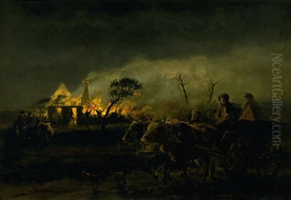 A Farm on Fire Oil Painting by Hans Smidth
