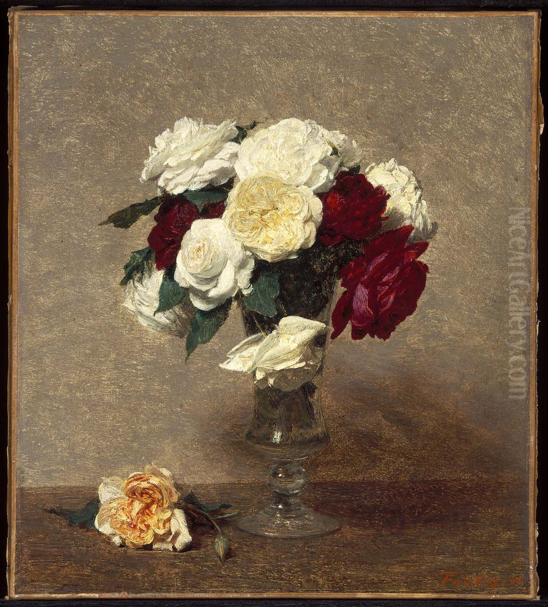 Roses in a Glass Vase Oil Painting by Henri Fantin-Latour
