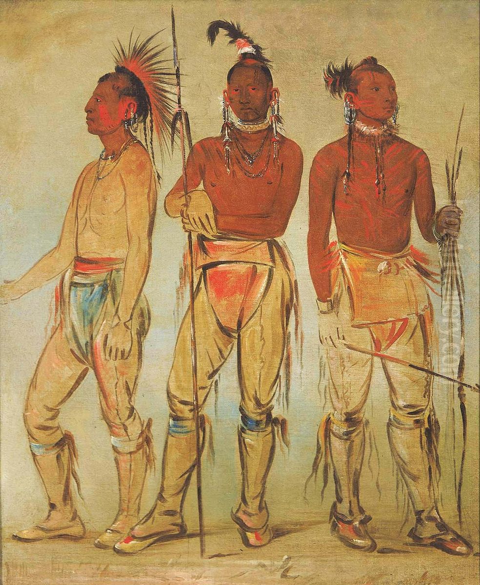 Mun-ne-pus-kee, He Who Is Not Afraid; Ko-ha-tunk-a, Big Crow; and Nah-com-ee-shee, Man of the Bed, Three Young Warriors Oil Painting by George Catlin