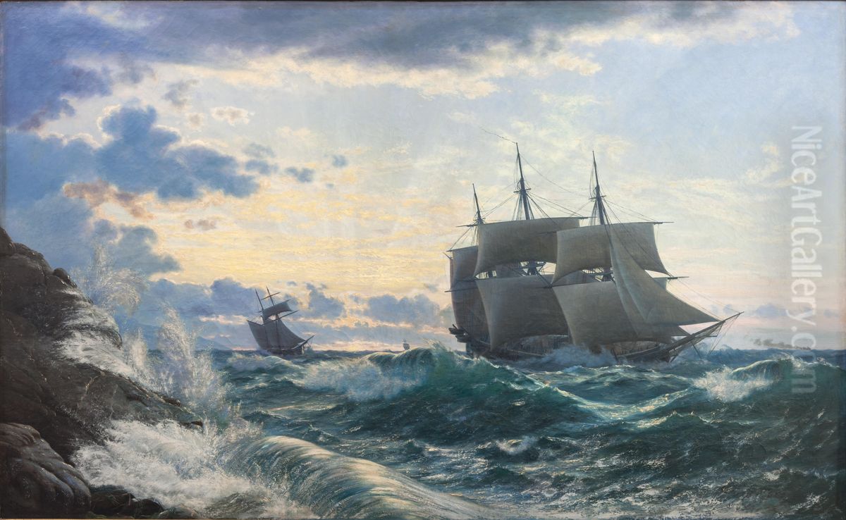 Skibe som morgenen efter en storm klarer landet for sig Oil Painting by Carl Rasmussen