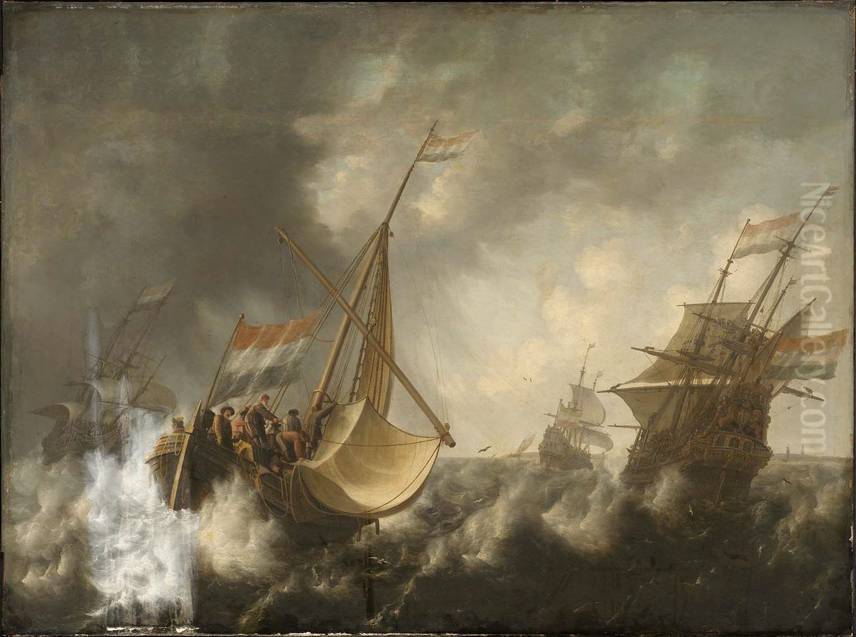 Ships in a Storm Oil Painting by Jacob Adriaensz Bellevois