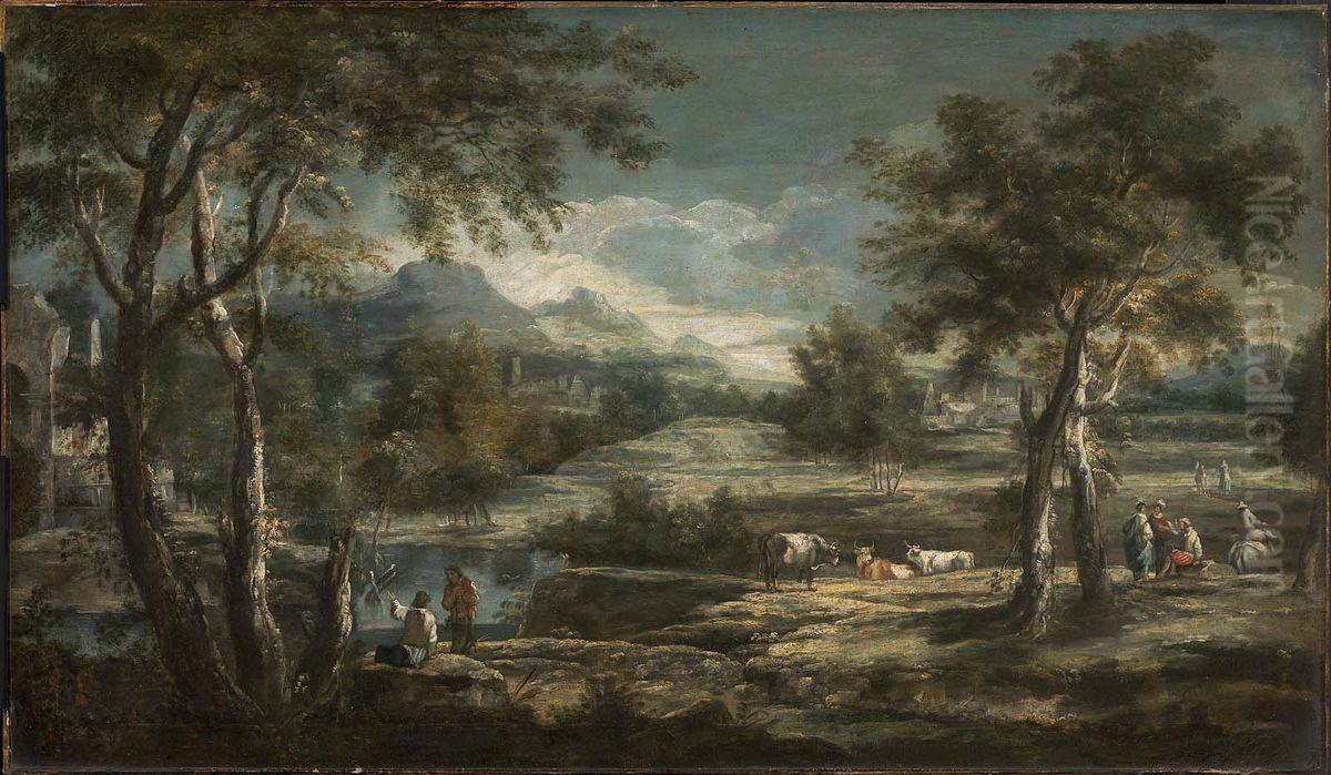 River Landscape with Mountains Oil Painting by Jacob De Heusch
