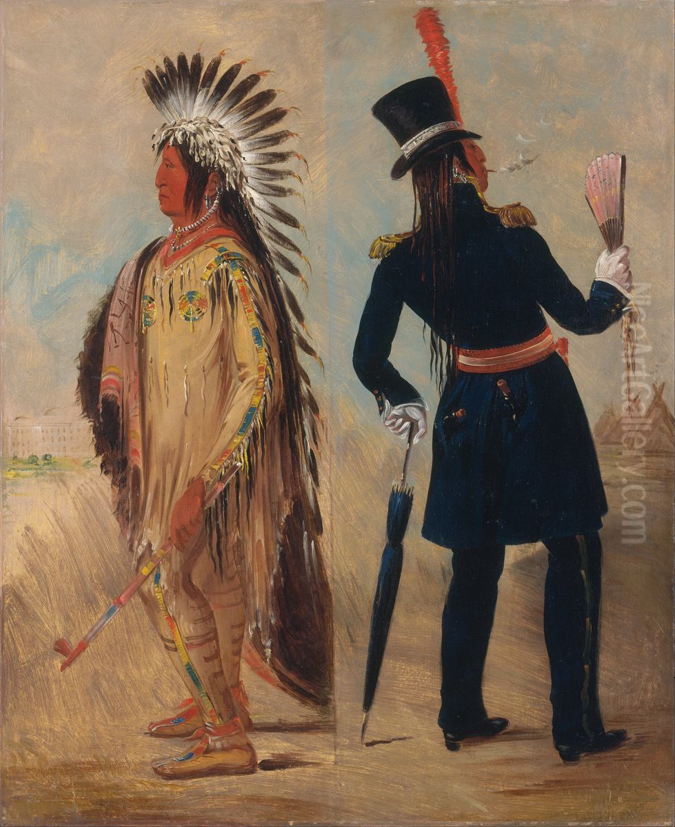 Wi-jun-jon, Pigeon's Egg Head (The Light) Going To and Returning From Washington Oil Painting by George Catlin