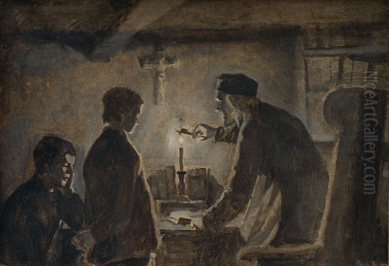 Pastor Soren blows out the candle on the New Year's Eve Oil Painting by Hans Smidth