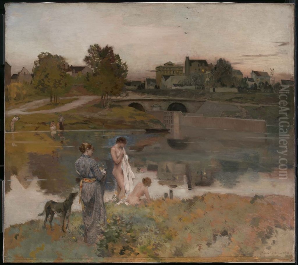 Riverbank with Bathers Oil Painting by Jean-Charles Cazin