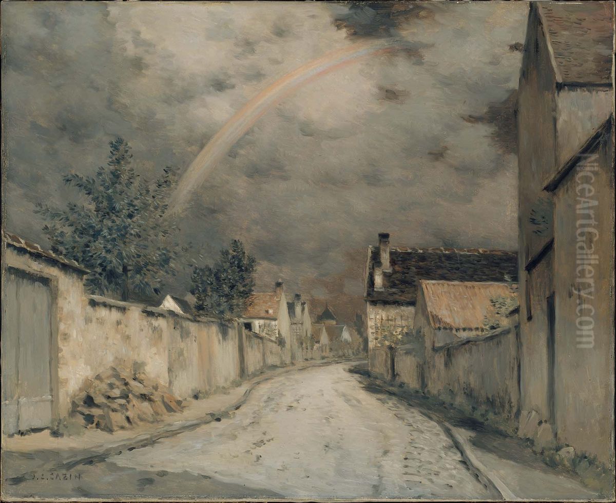 Village Street with a Rainbow Oil Painting by Jean-Charles Cazin