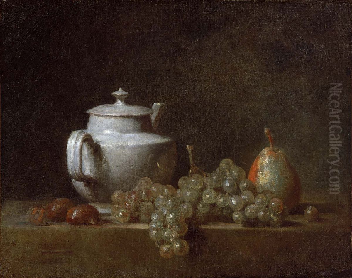 Still Life with Teapot, Grapes, Chestnuts, and a Pear Oil Painting by Jean-Baptiste-Simeon Chardin