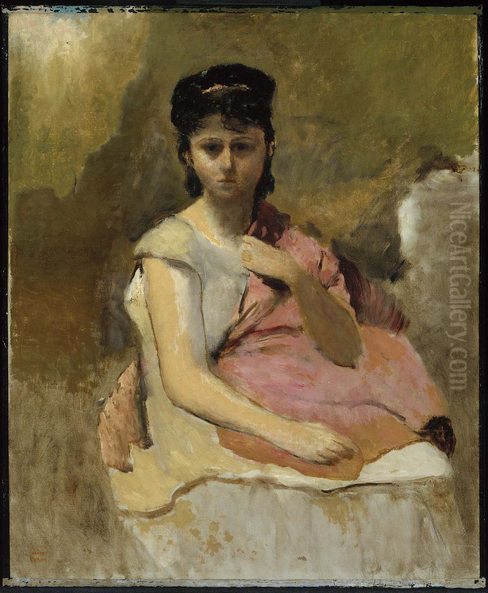 Woman with a Pink Shawl Oil Painting by Jean-Baptiste Camille Corot