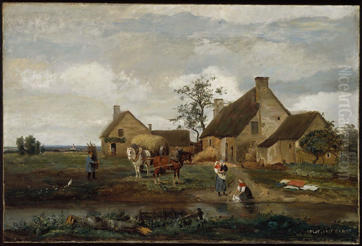 Farm at Recouvrieres, Nievre Oil Painting by Jean-Baptiste Camille Corot