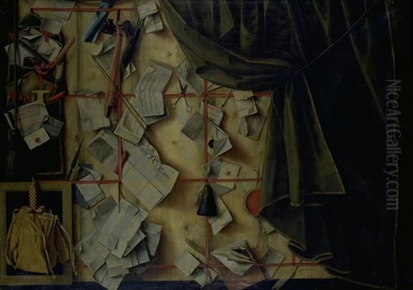 Trompe l'oeil of a Letter Rack with Proclamation by Frederik III Oil Painting by Cornelis Norbertus Gijsbrechts