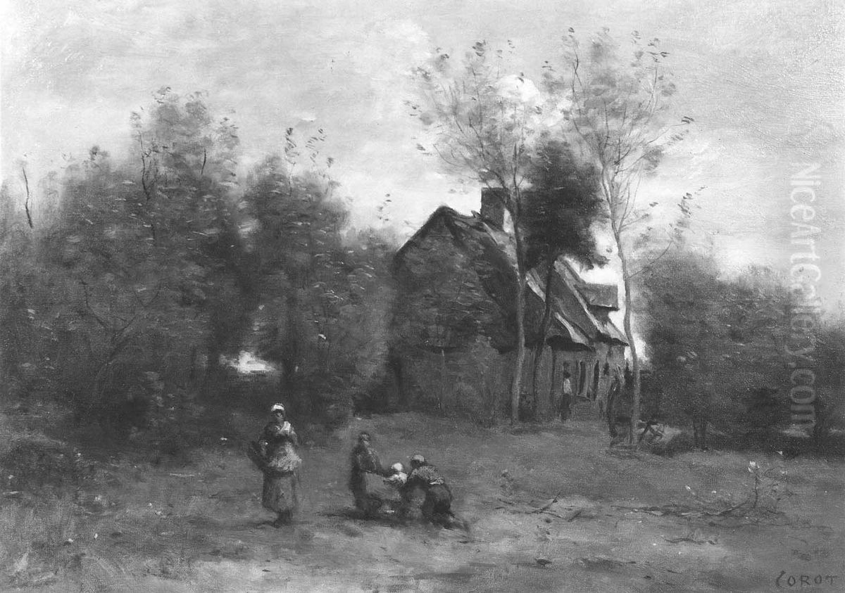 Farmyard at Sin, near Douai, with Children at Play Oil Painting by Jean-Baptiste Camille Corot