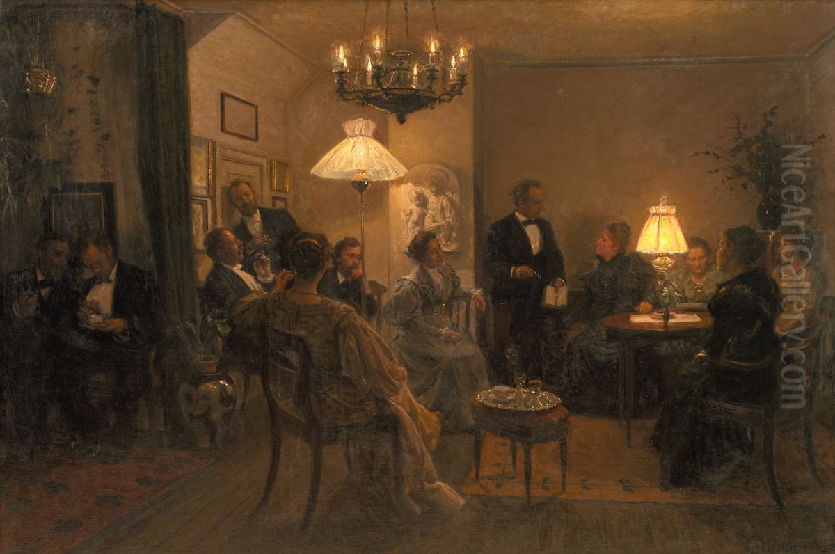 An Evening Party in the Artist's Home Oil Painting by Viggo Johansen