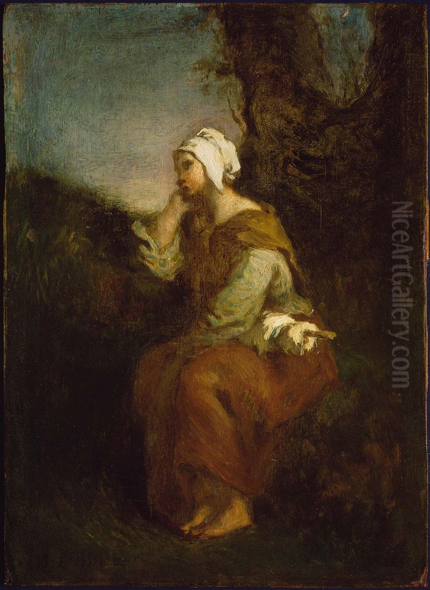 Peasant Girl Daydreaming Oil Painting by Jean-Francois Millet