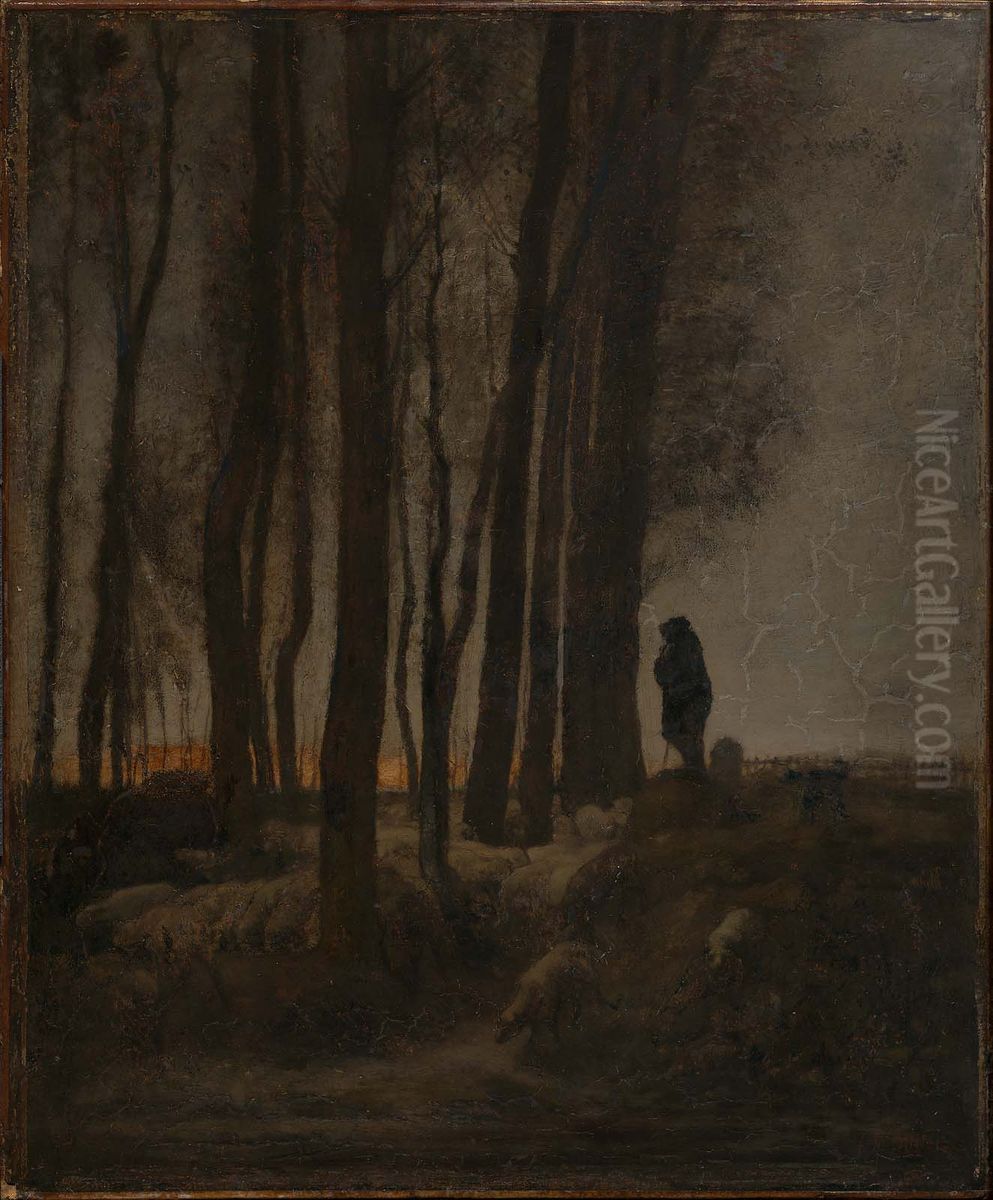 Shepherd and Flock at the Edge of the Forest, Evening Oil Painting by Jean-Francois Millet
