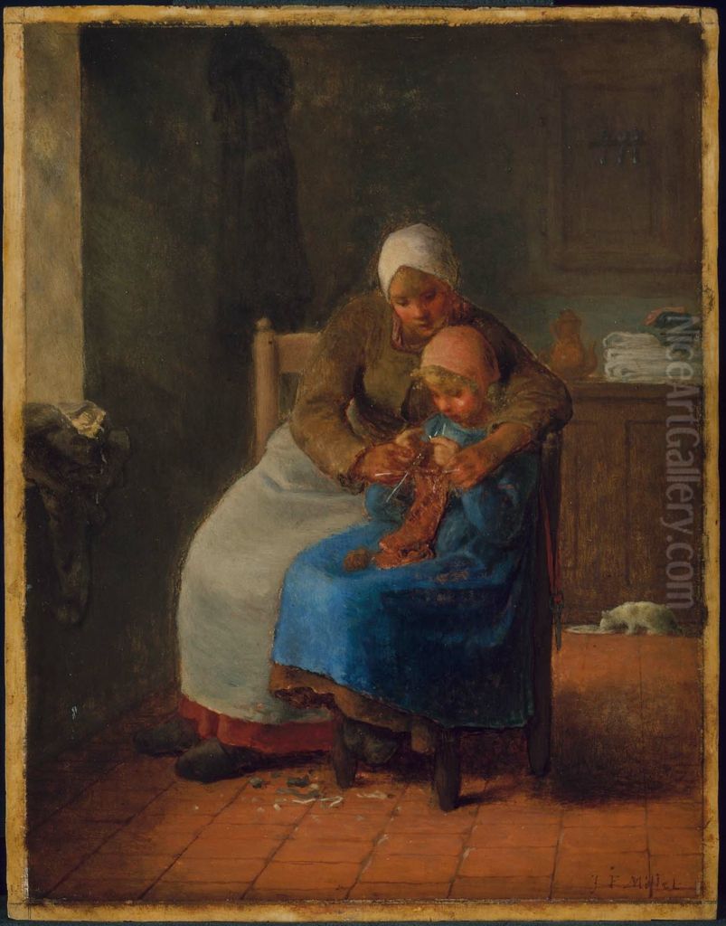 Knitting Lesson Oil Painting by Jean-Francois Millet
