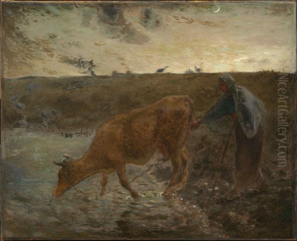 Peasant Watering her Cow, Evening Oil Painting by Jean-Francois Millet