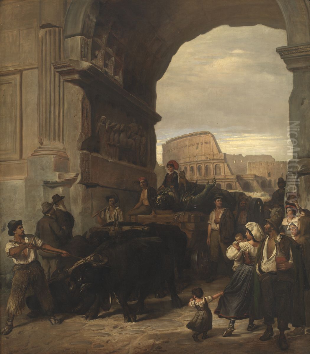 Roman Workmen Transporting an Antique Imperial Statue from the Colosseum through the Arch of Titus to the Capitoline Museums Oil Painting by Ludvig Abelin Schou