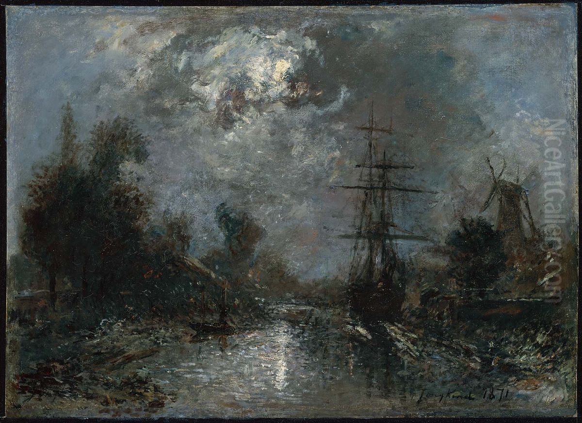 Harbor by Moonlight Oil Painting by Johan Jongkind