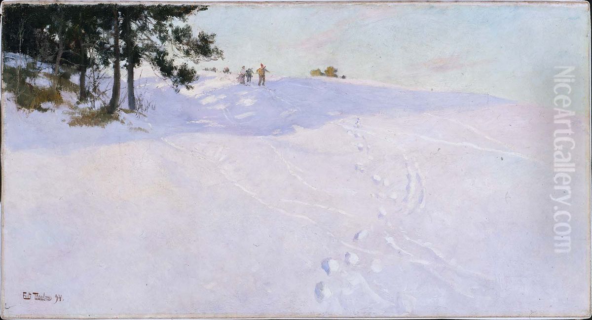 Skiers at the Top of a Snow-covered Hill Oil Painting by Frits Thaulow