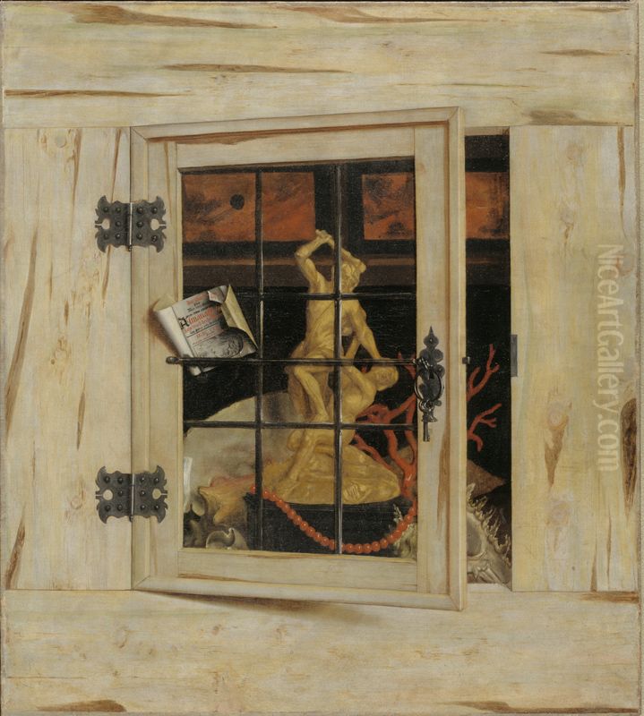 Trompe l'Oeil. An Open Cabinet of Curiosities with a Hercules Group Oil Painting by Cornelis Norbertus Gijsbrechts