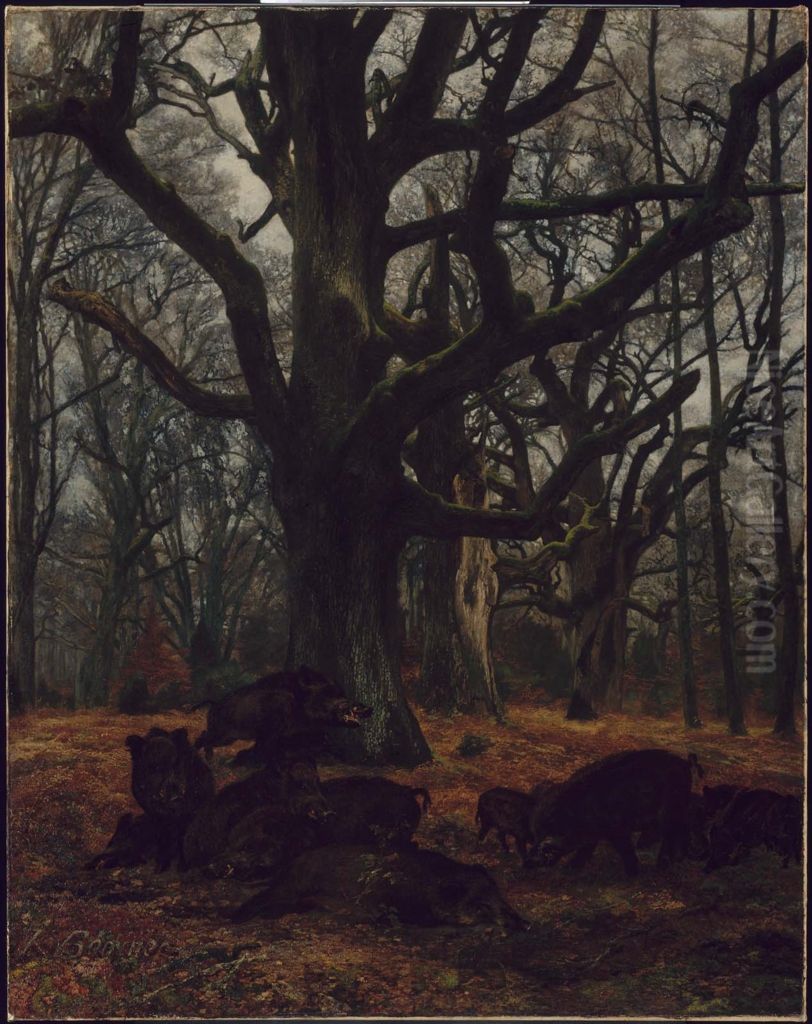 Oaks and Wild Boars Oil Painting by Karl Bodmer