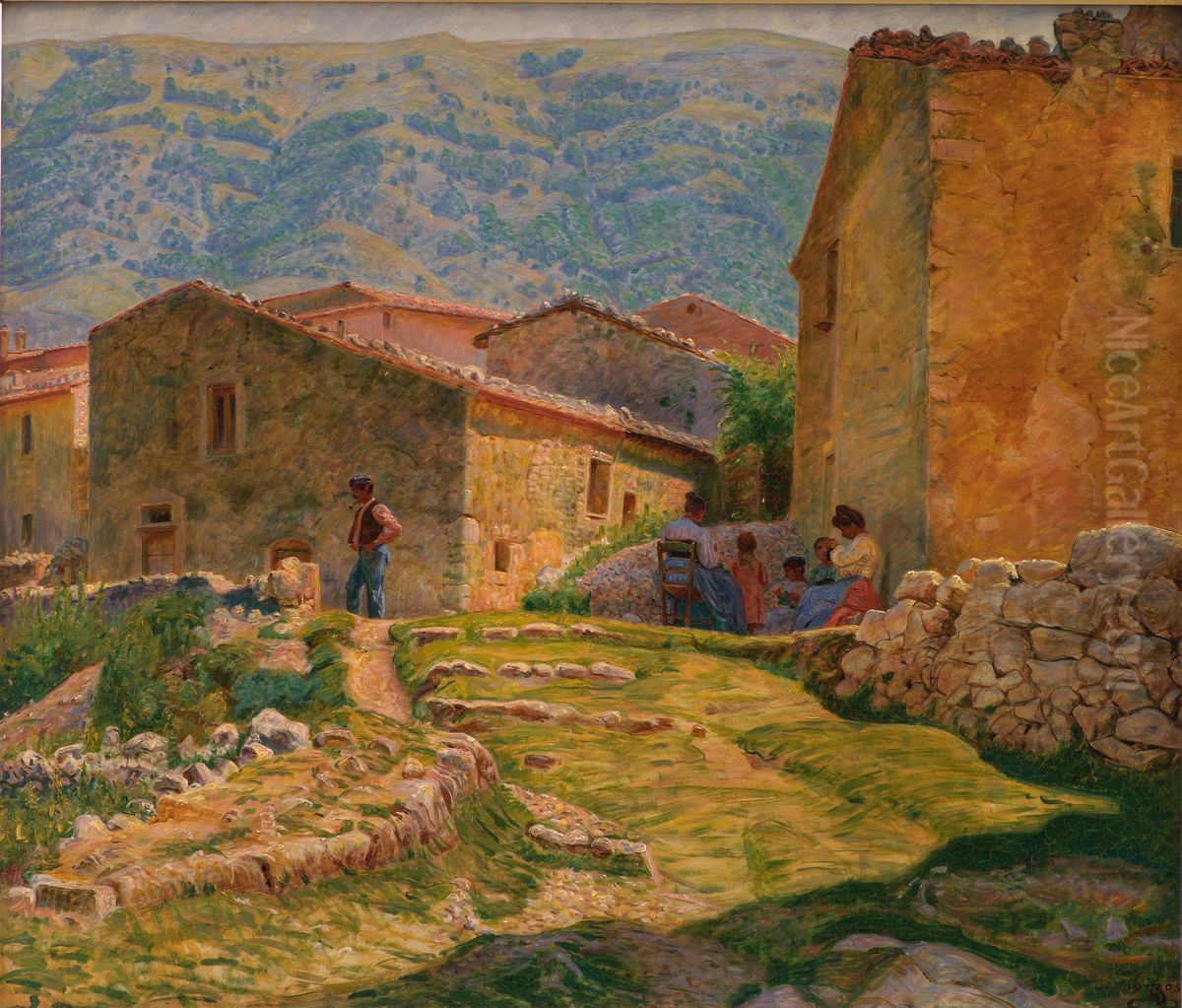 Solskinsformiddag i Civita d'Antino Oil Painting by Kristian Zahrtmann