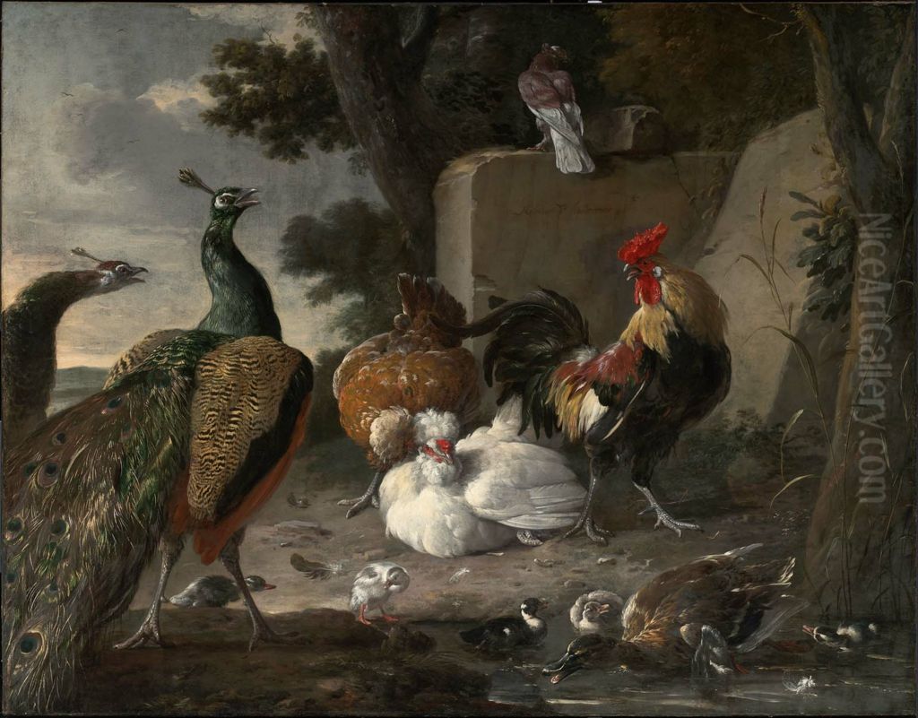 Barnyard Fowl and Peacocks Oil Painting by Melchior D'Hondecoeter