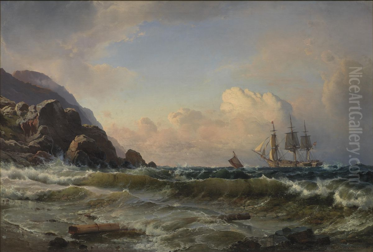 A Norwegian Coastline Oil Painting by Carl Frederik Sorensen