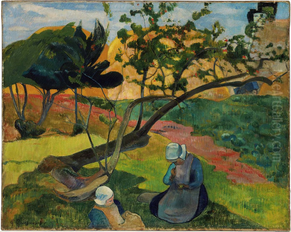 Landscape with Two Breton Women Oil Painting by Paul Gauguin