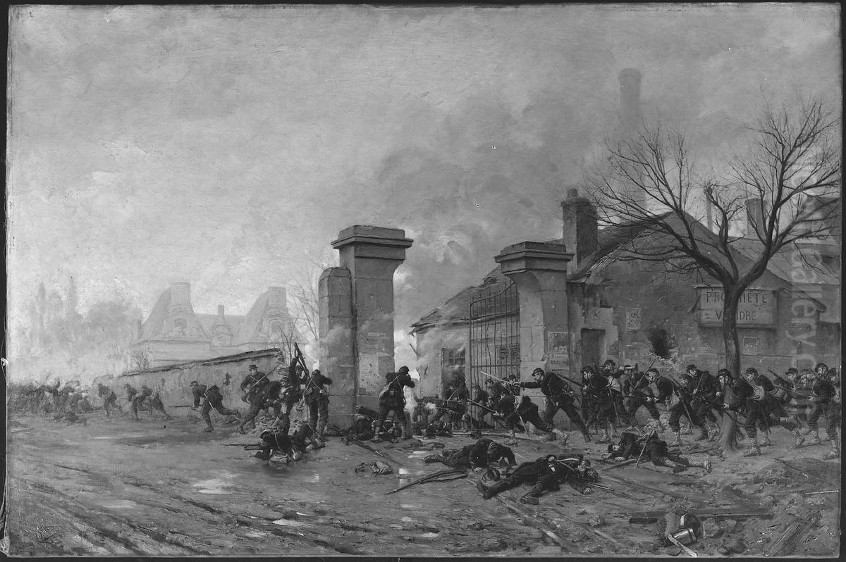 Skirmish on the Outskirts of Paris during Franco-Prussian War Oil Painting by Paul Grolleron