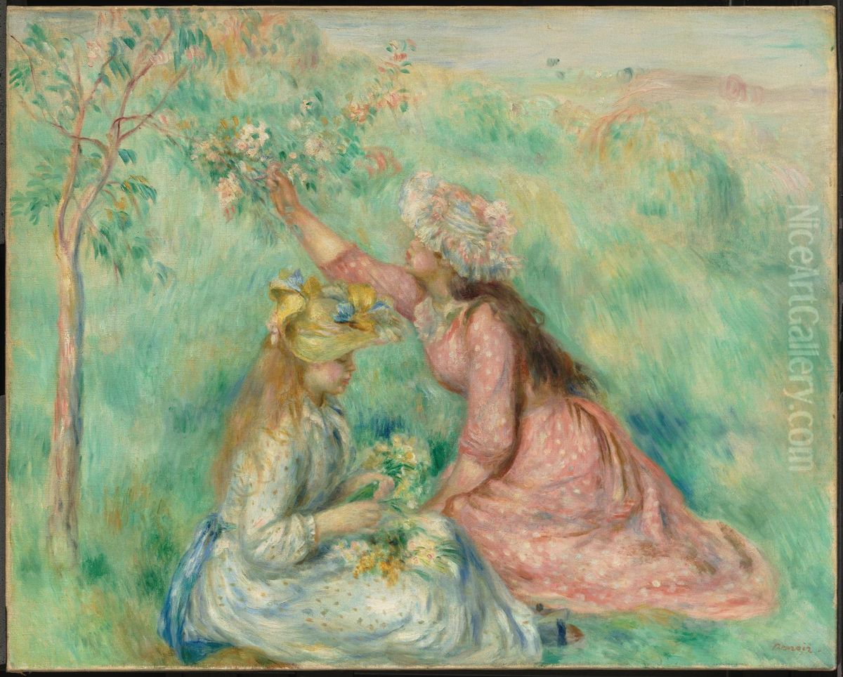Girls Picking Flowers in a Meadow Oil Painting by Pierre Auguste Renoir