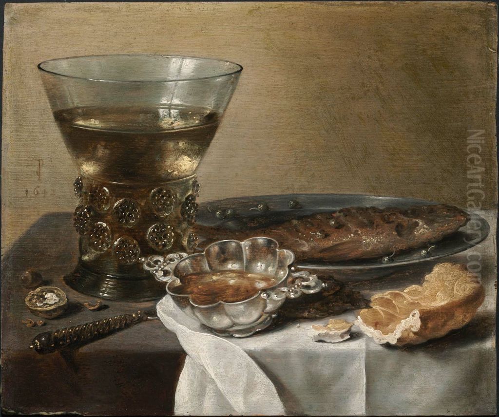 Still Life with Silver Brandy Bowl, Wine Glass, Herring, and Bread Oil Painting by Pieter Claesz