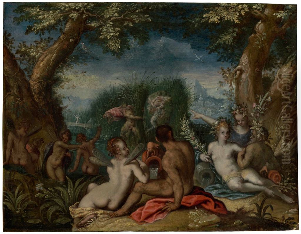 Pan and Syrinx with River Gods and Nymphs Oil Painting by Pietro Mera