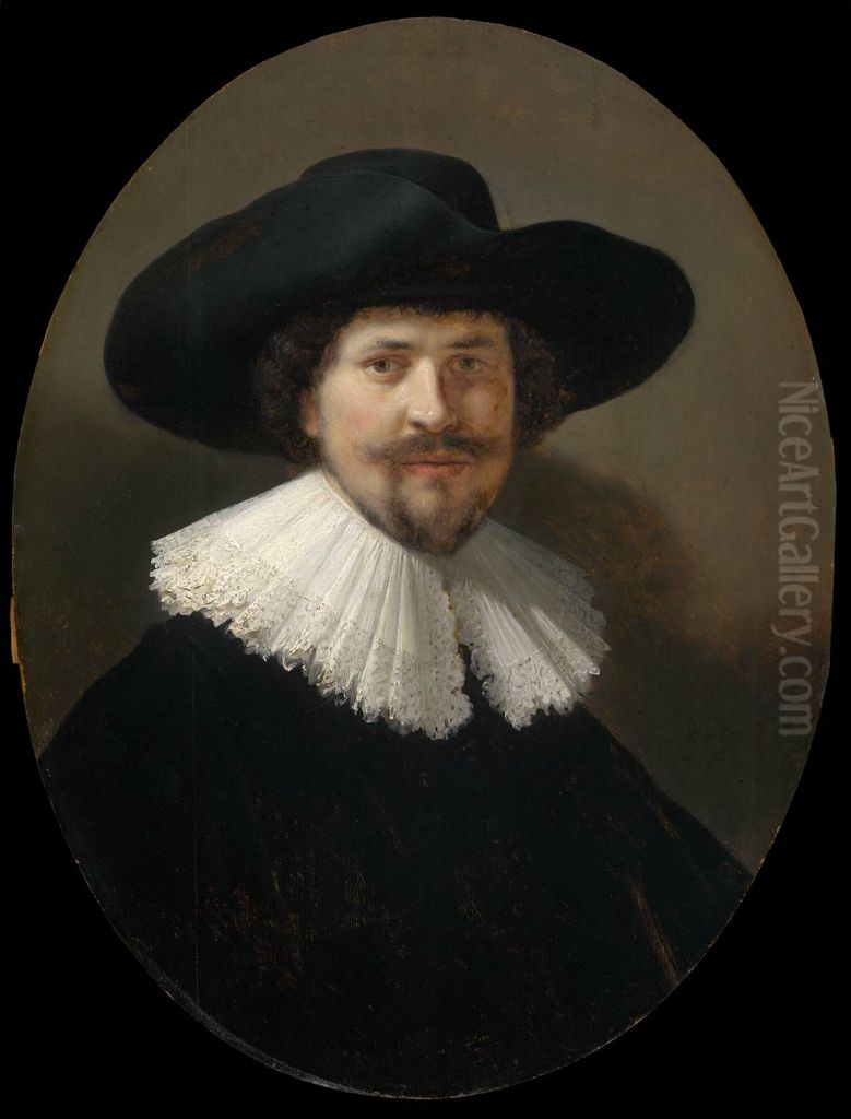 Portrait of a Man Wearing a Black Hat Oil Painting by Rembrandt